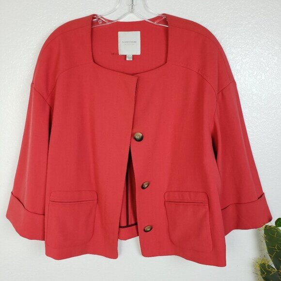 NWOT Nordstrom Collection Blazer Boxy Fit Coral Red sz L Square Neck 3/4 Sleeves - Picture 2 of 13
